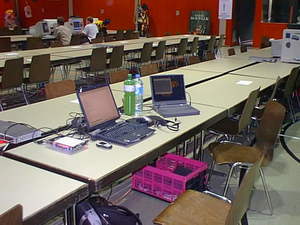 My <em>workplace</em>. I'm gaming with the left notebook, the right one serves as a game server (runing Wolfenstein ET).